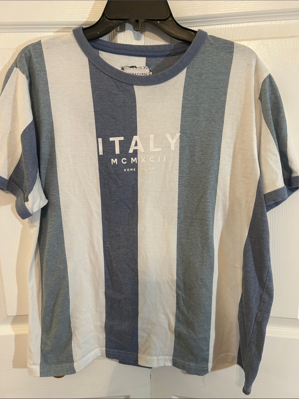 Denim & Flower Striped 'ITALY' Graphic Tee in Blue and White